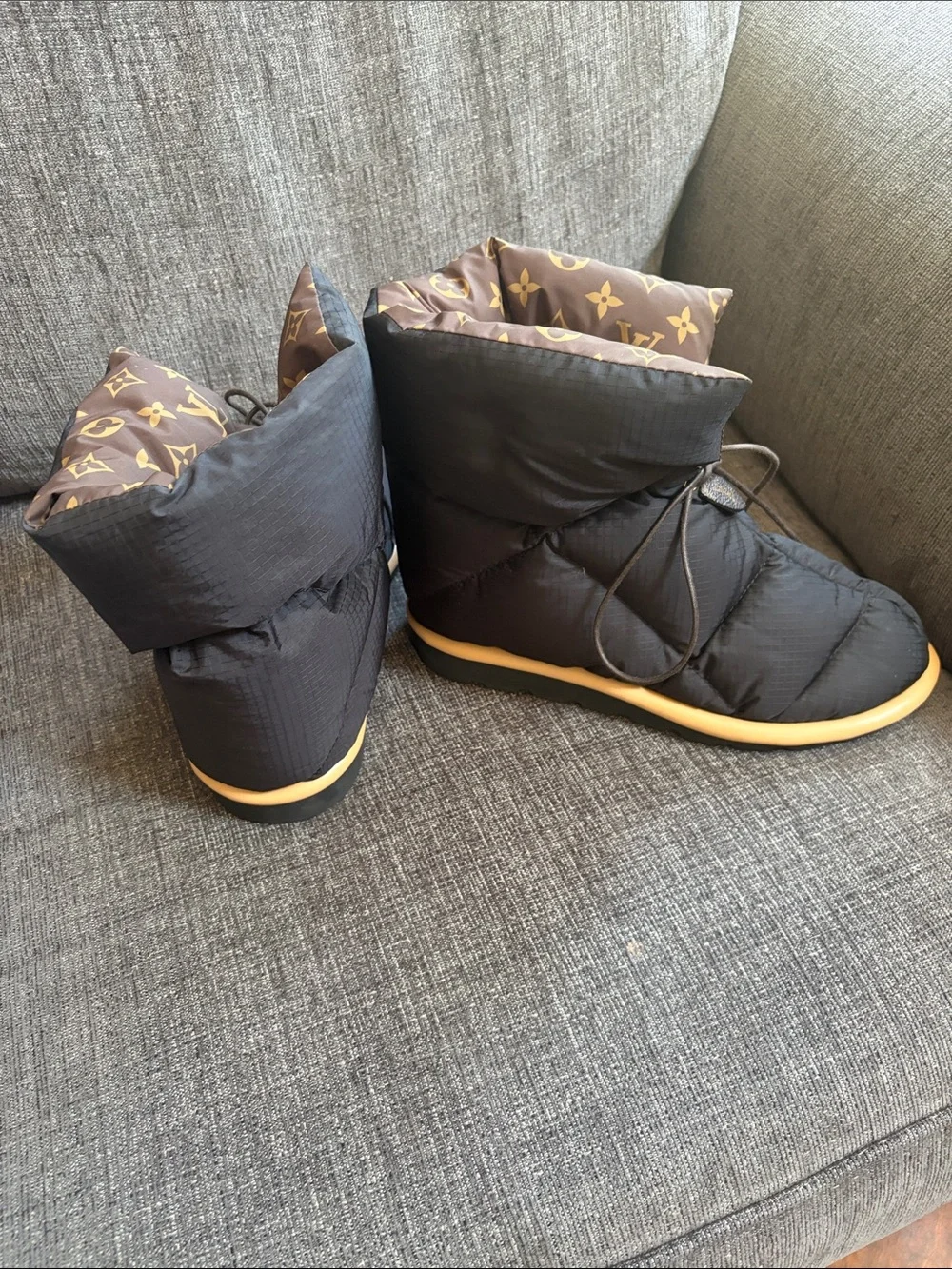 Louis Vuitton Black Quilted Winter Boots with Brown Monogram Cuff